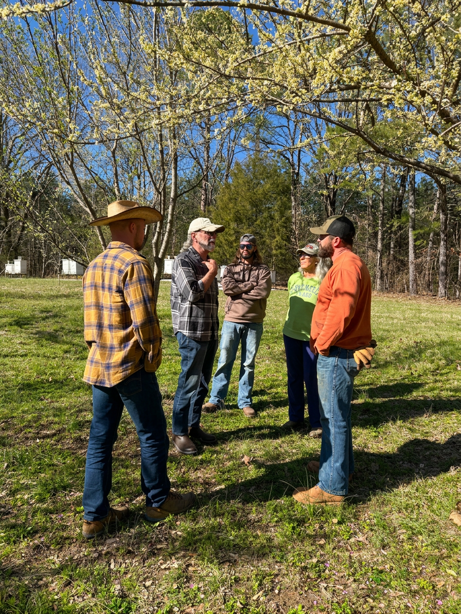 Veteran leaders discussing program plans in the orchard